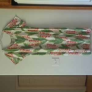 Hilo Hattie midi maxi dress with coral, peach and green on a cream background XL